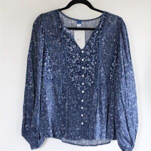 Blue Printed V-Neck Button Front Women's Top